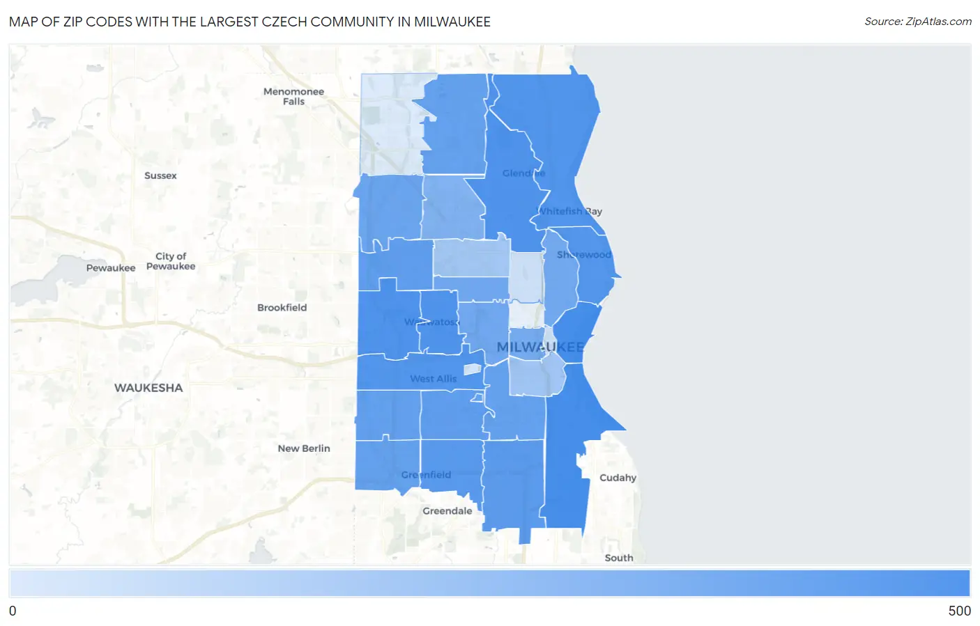 Zip Codes with the Largest Czech Community in Milwaukee Map