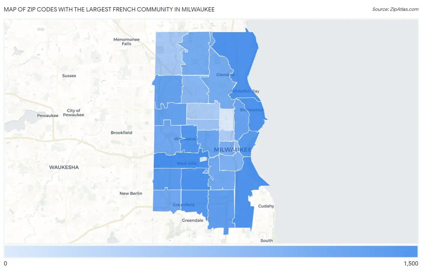 Zip Codes with the Largest French Community in Milwaukee Map