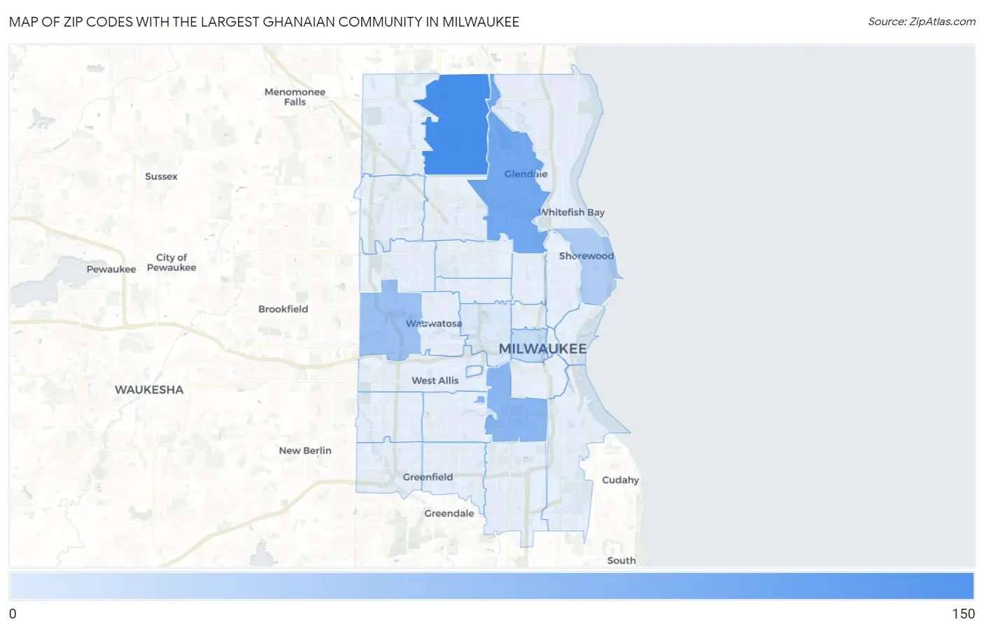 Zip Codes with the Largest Ghanaian Community in Milwaukee Map