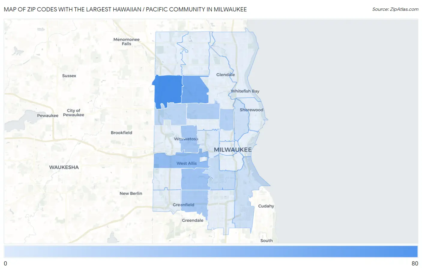 Zip Codes with the Largest Hawaiian / Pacific Community in Milwaukee Map