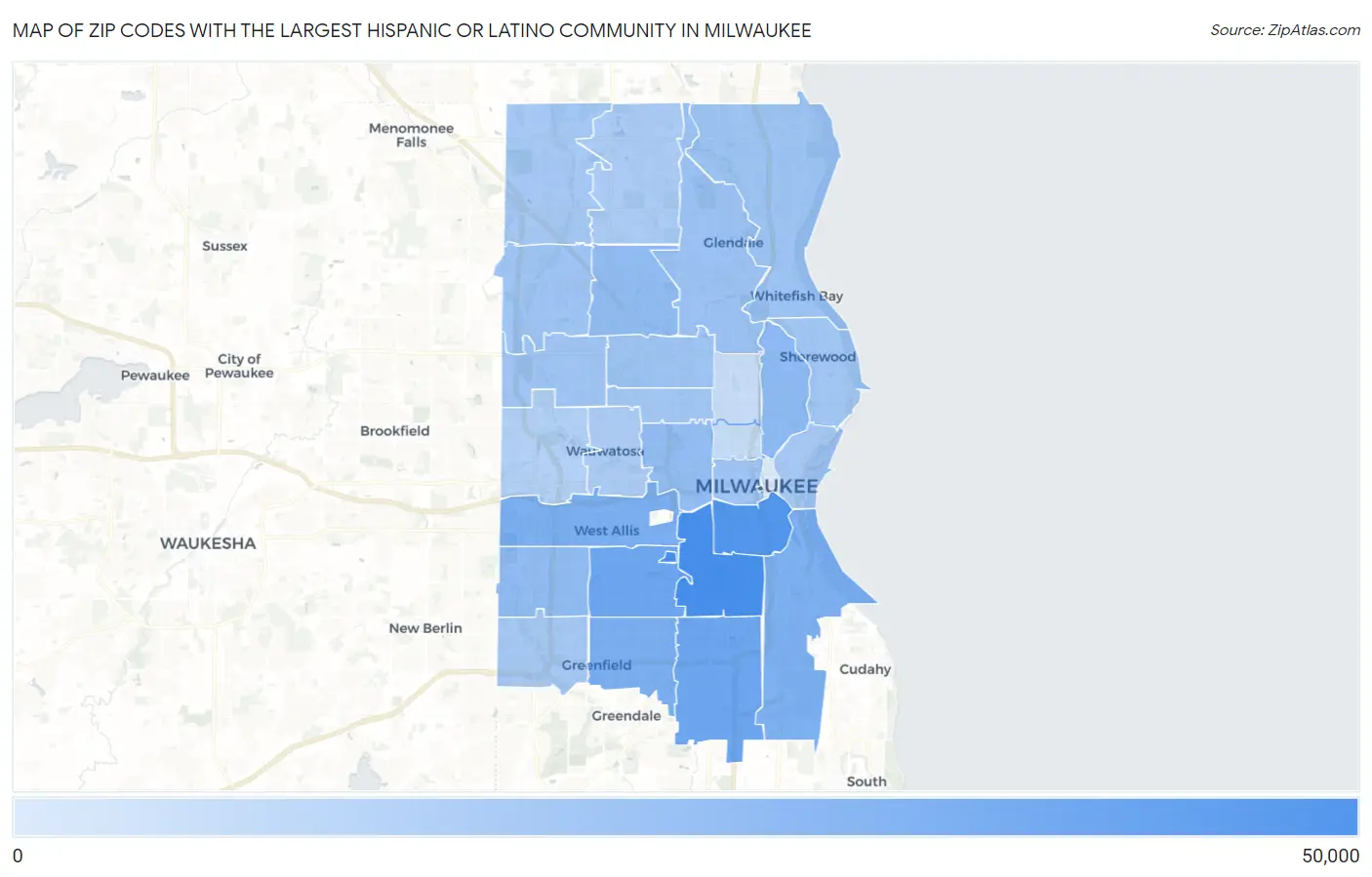 Zip Codes with the Largest Hispanic or Latino Community in Milwaukee Map