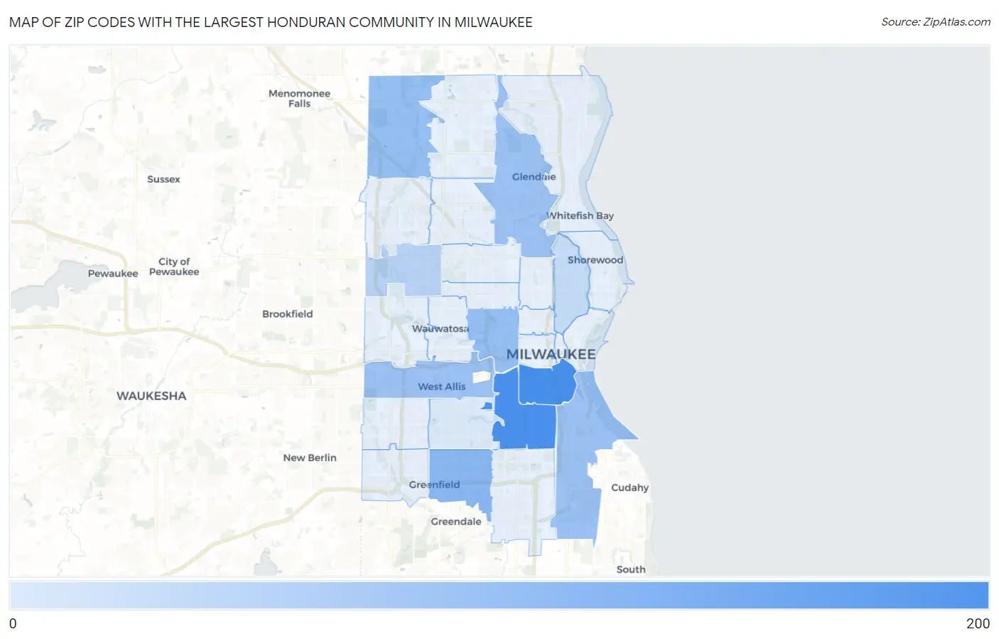 Zip Codes with the Largest Honduran Community in Milwaukee Map