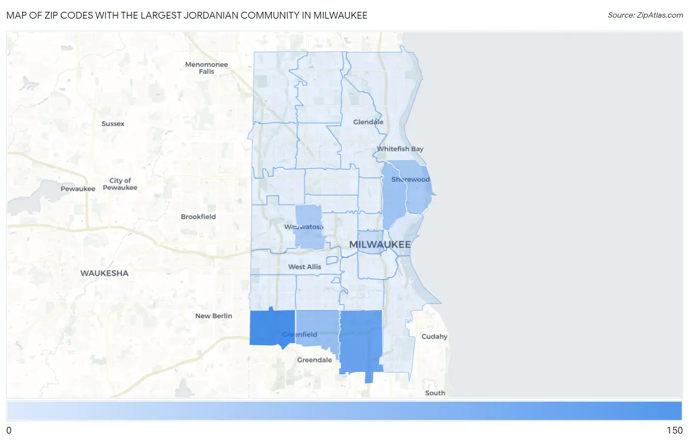 Zip Codes with the Largest Jordanian Community in Milwaukee Map