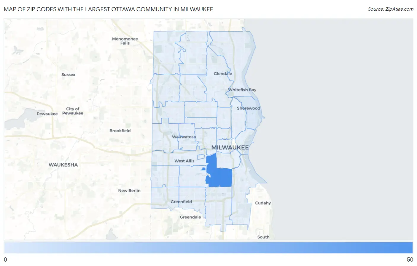 Zip Codes with the Largest Ottawa Community in Milwaukee Map
