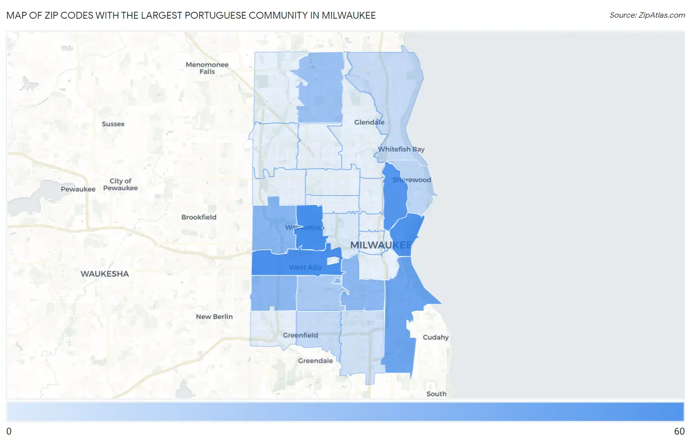 Zip Codes with the Largest Portuguese Community in Milwaukee Map
