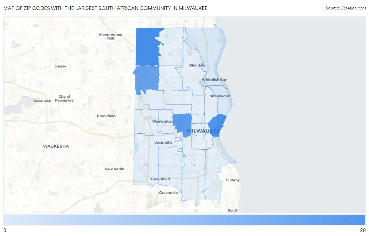 Zip Codes with the Largest South African Community in Milwaukee Map