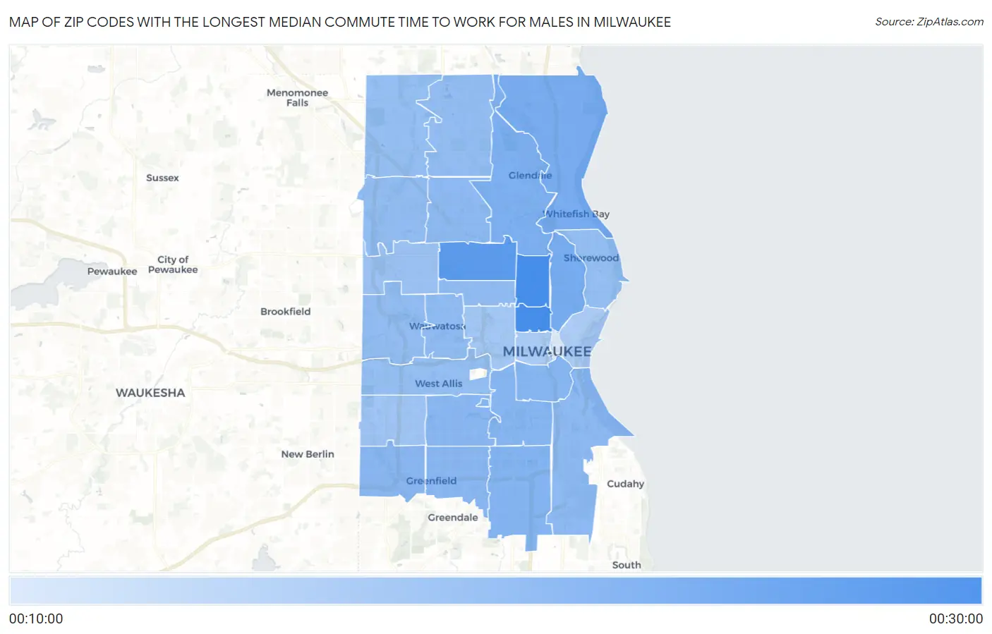 Zip Codes with the Longest Median Commute Time to Work for Males in Milwaukee Map