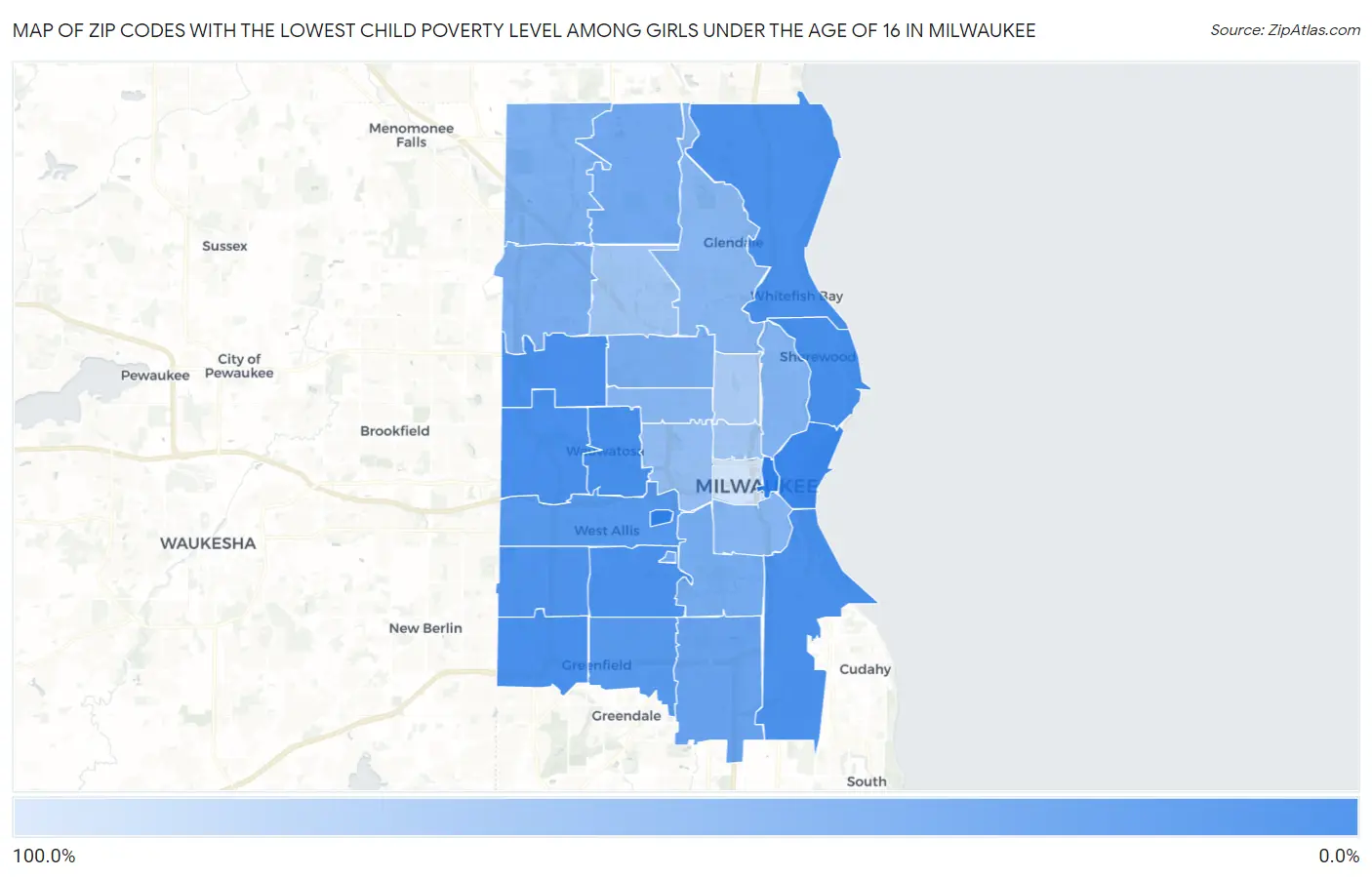 Zip Codes with the Lowest Child Poverty Level Among Girls Under the Age of 16 in Milwaukee Map