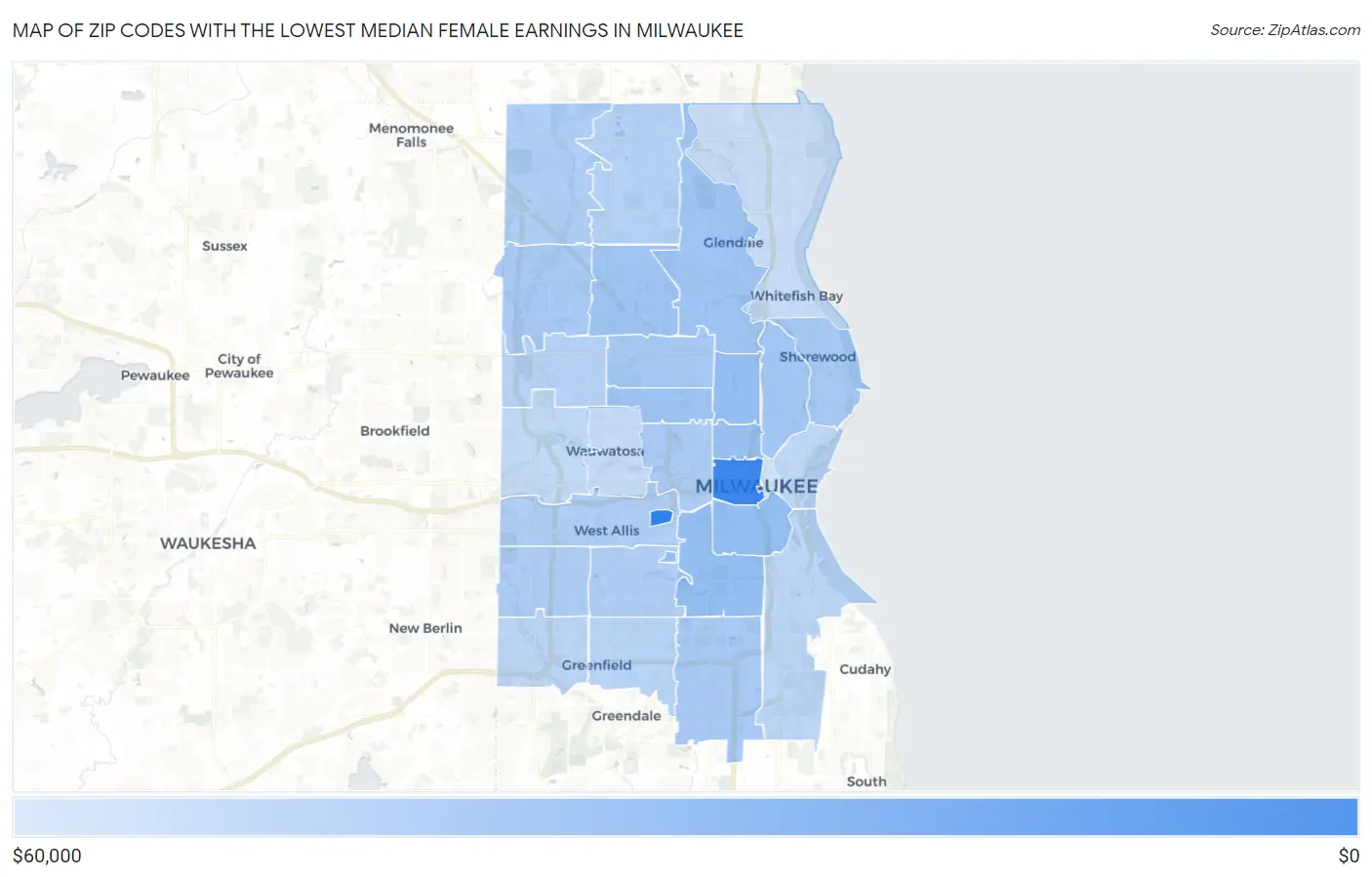 Zip Codes with the Lowest Median Female Earnings in Milwaukee Map