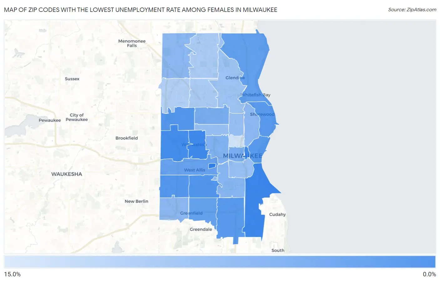 Zip Codes with the Lowest Unemployment Rate Among Females in Milwaukee Map