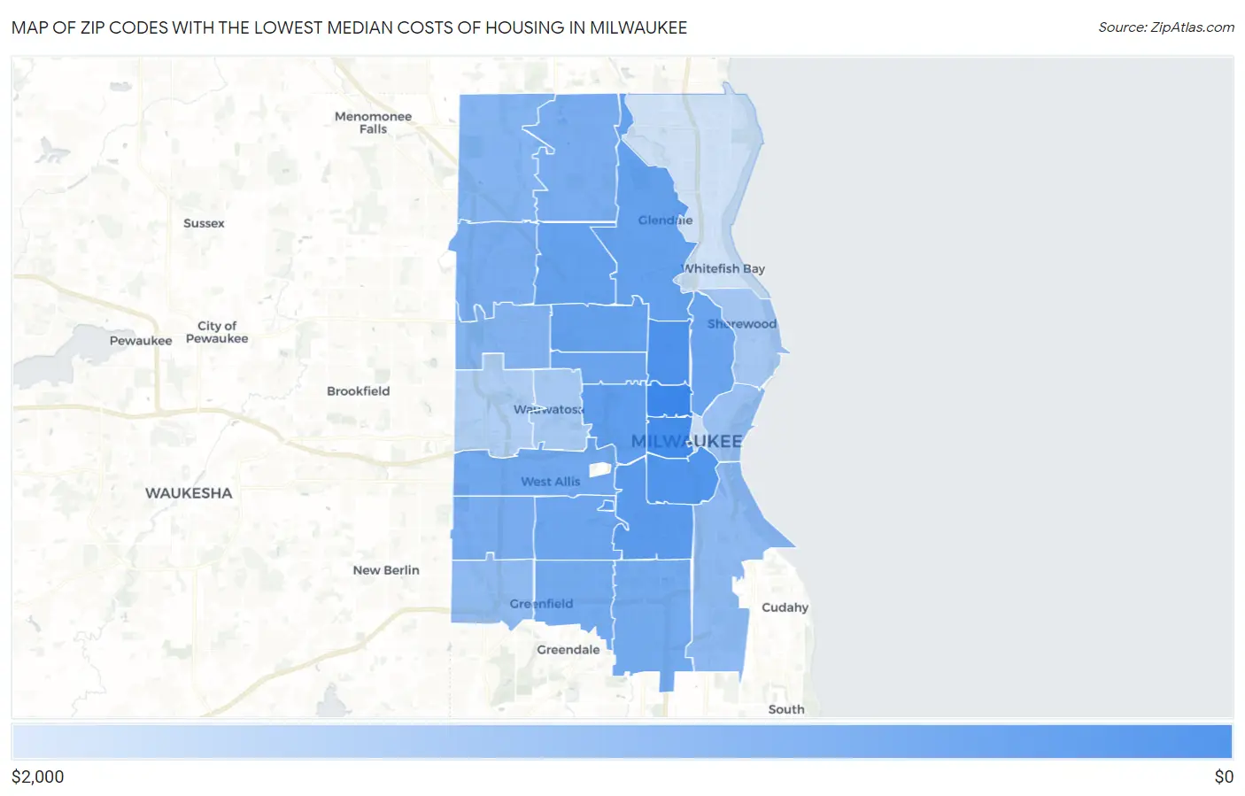Zip Codes with the Lowest Median Costs of Housing in Milwaukee Map