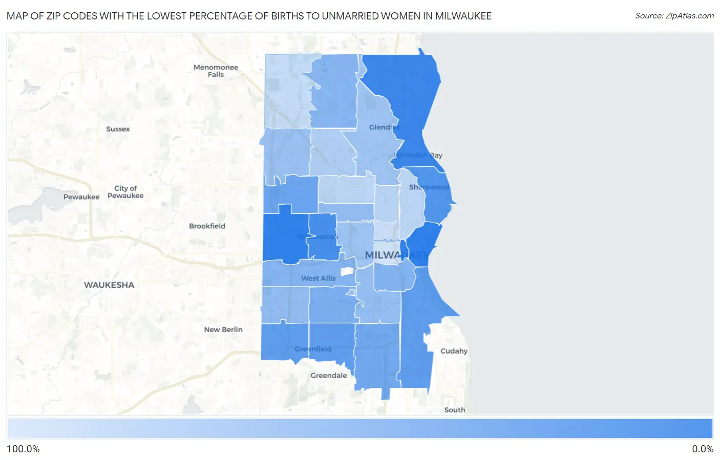 Zip Codes with the Lowest Percentage of Births to Unmarried Women in Milwaukee Map