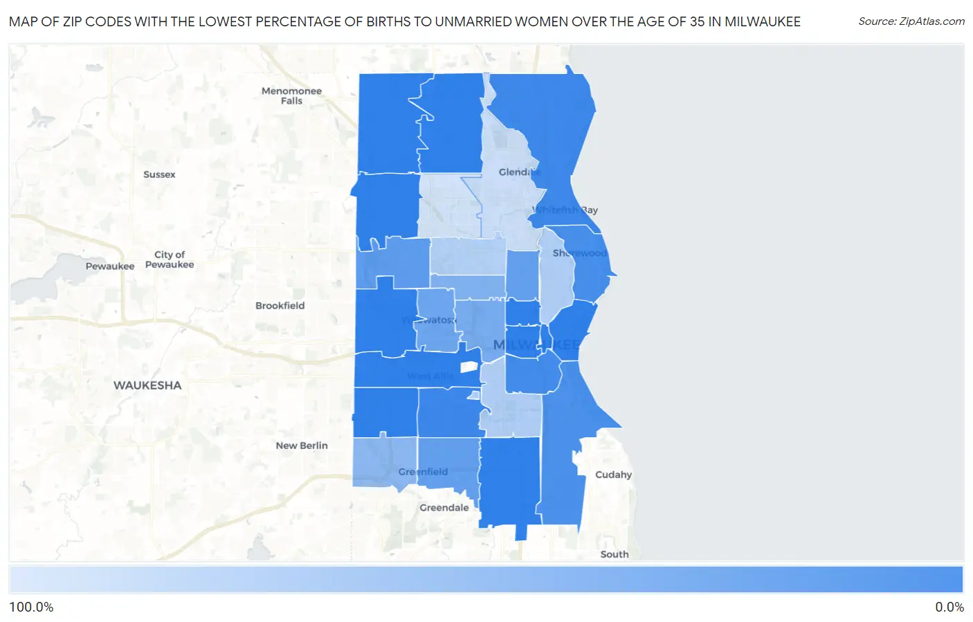 Zip Codes with the Lowest Percentage of Births to Unmarried Women over the Age of 35 in Milwaukee Map