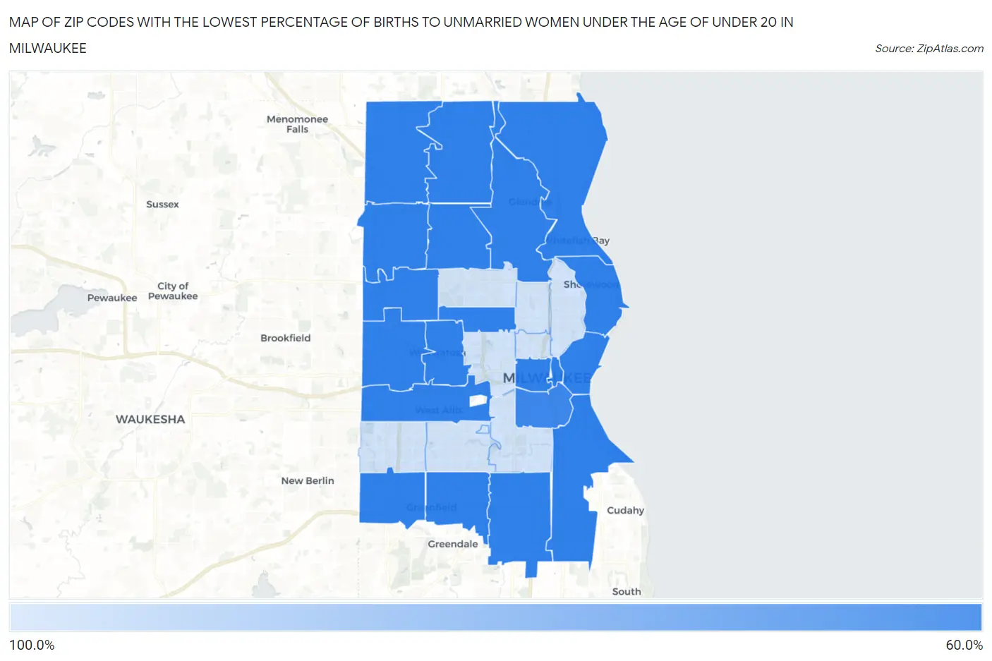 Zip Codes with the Lowest Percentage of Births to Unmarried Women under the Age of under 20 in Milwaukee Map
