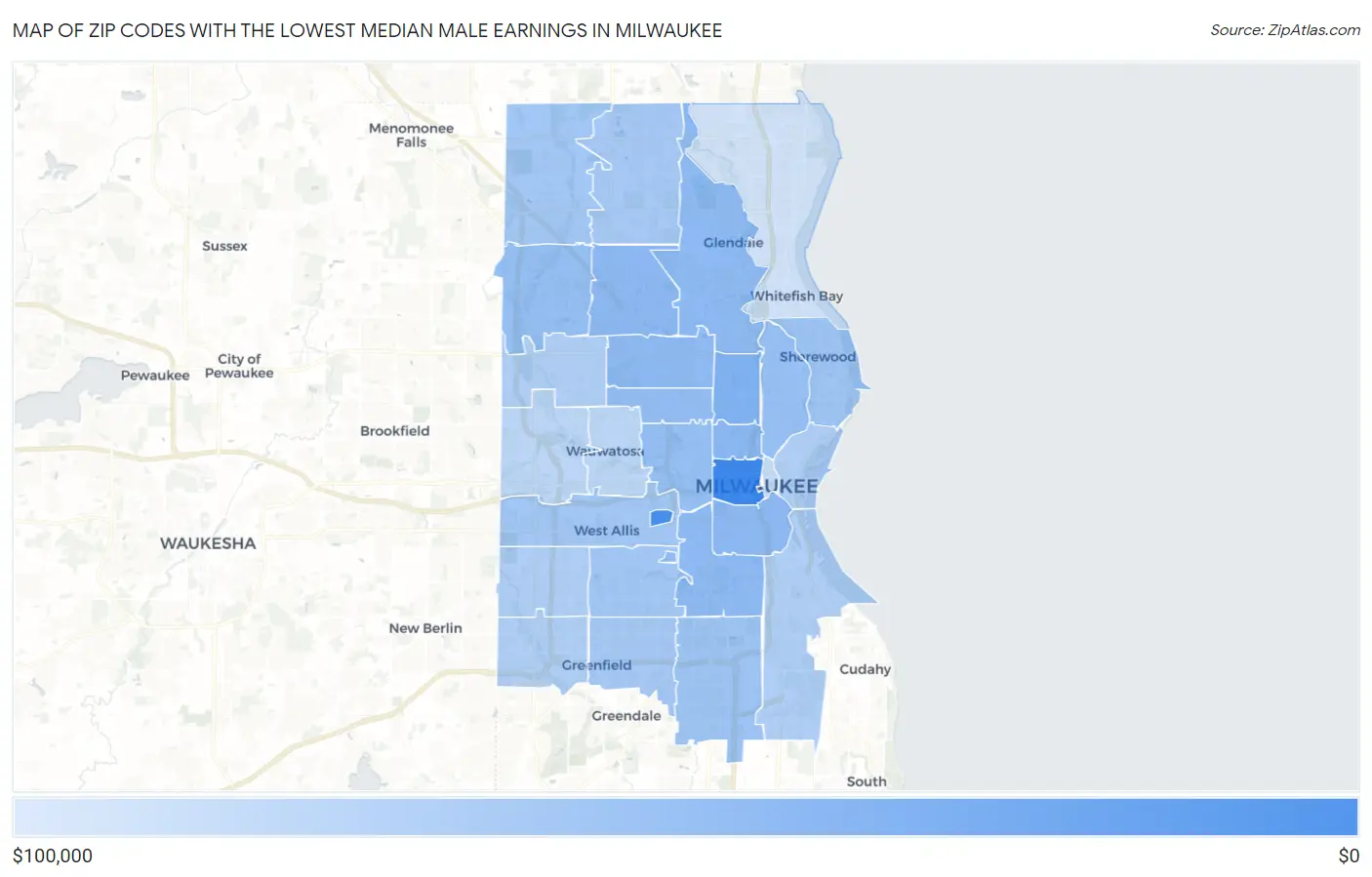 Zip Codes with the Lowest Median Male Earnings in Milwaukee Map