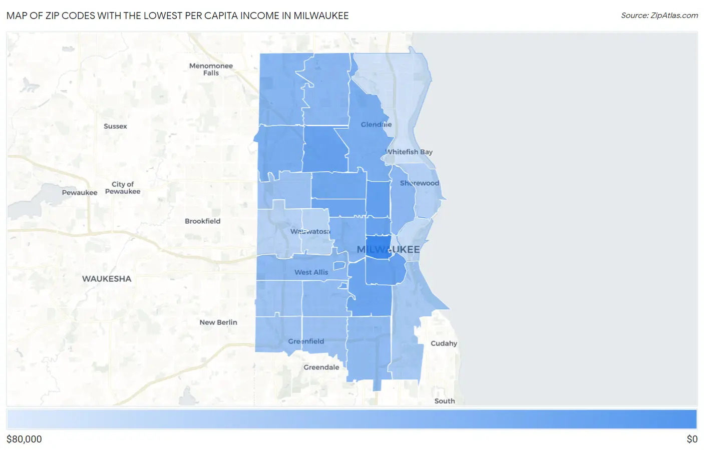 Zip Codes with the Lowest Per Capita Income in Milwaukee Map