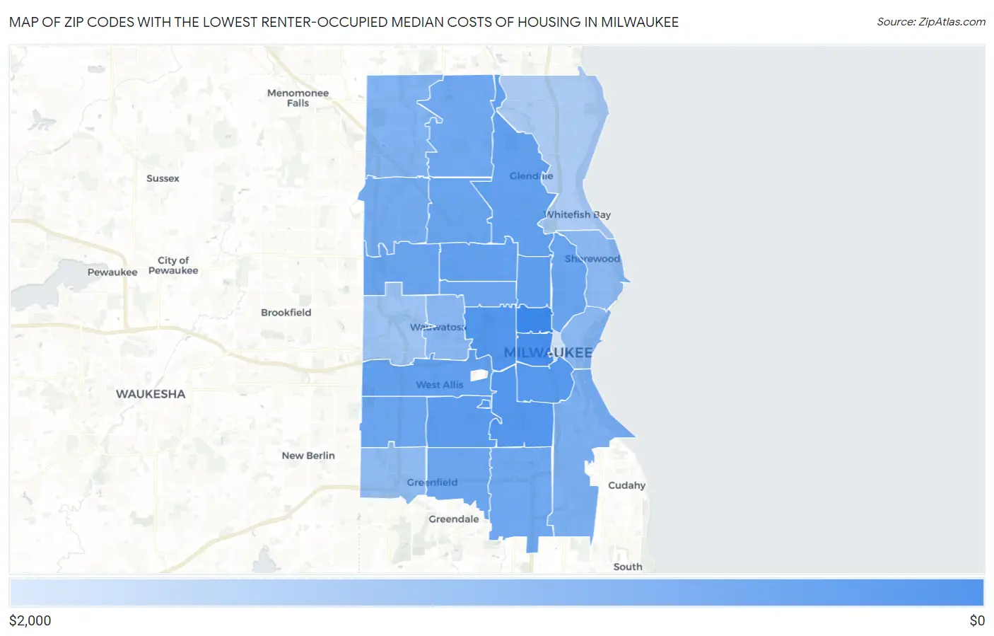 Zip Codes with the Lowest Renter-Occupied Median Costs of Housing in Milwaukee Map