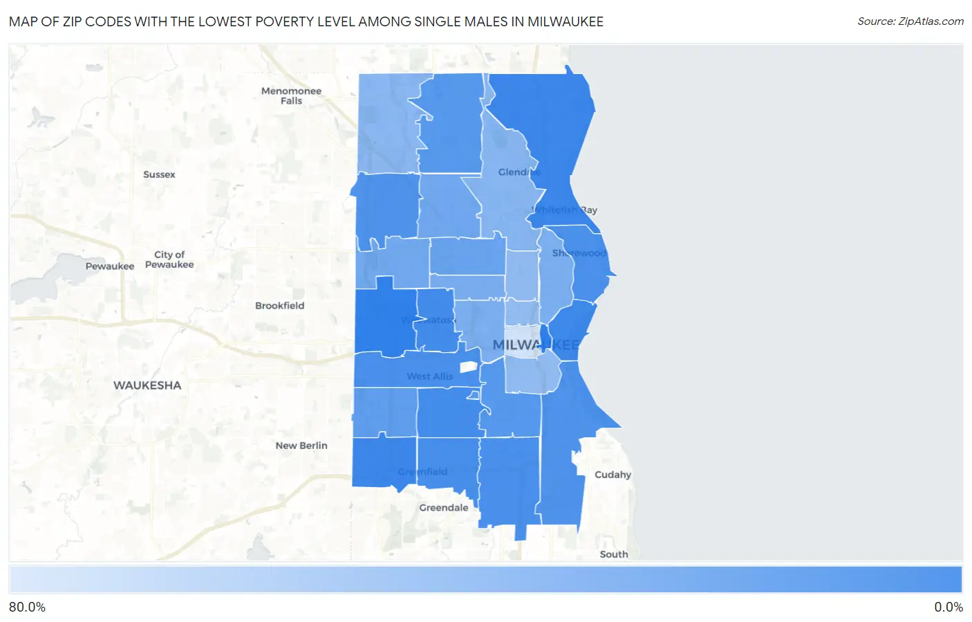 Zip Codes with the Lowest Poverty Level Among Single Males in Milwaukee Map