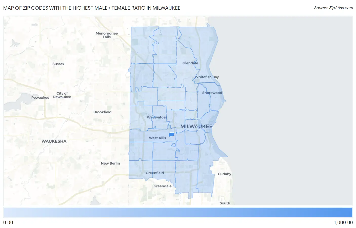 Zip Codes with the Highest Male / Female Ratio in Milwaukee Map