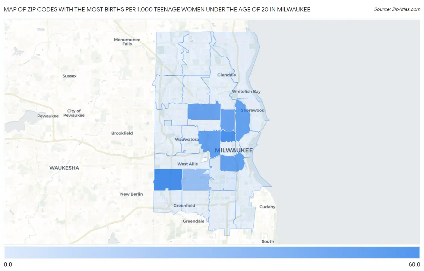 Zip Codes with the Most Births per 1,000 Teenage Women Under the Age of 20 in Milwaukee Map