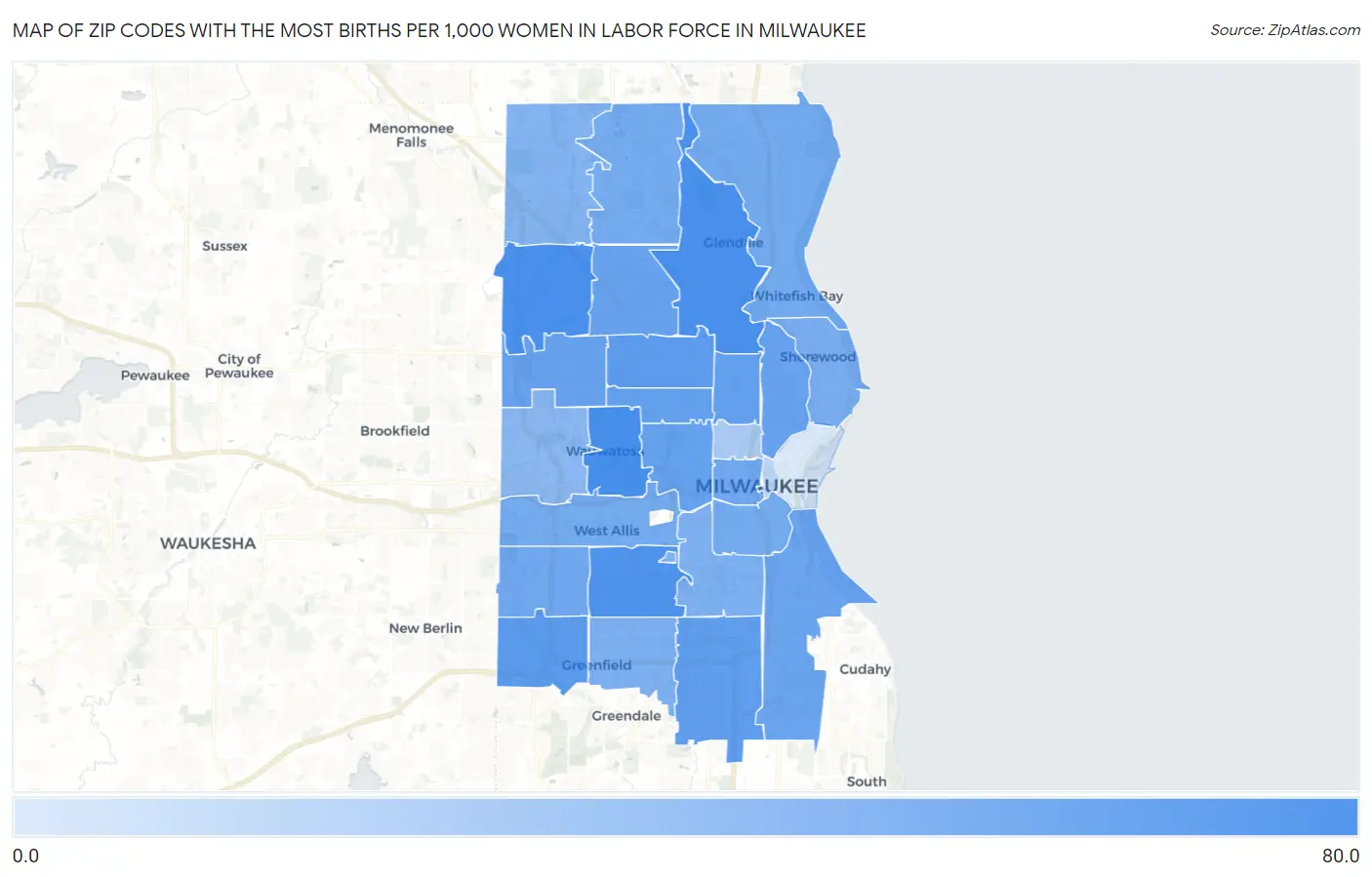 Zip Codes with the Most Births per 1,000 Women in Labor Force in Milwaukee Map