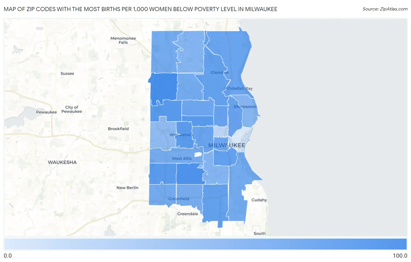Zip Codes with the Most Births per 1,000 Women Below Poverty Level in Milwaukee Map