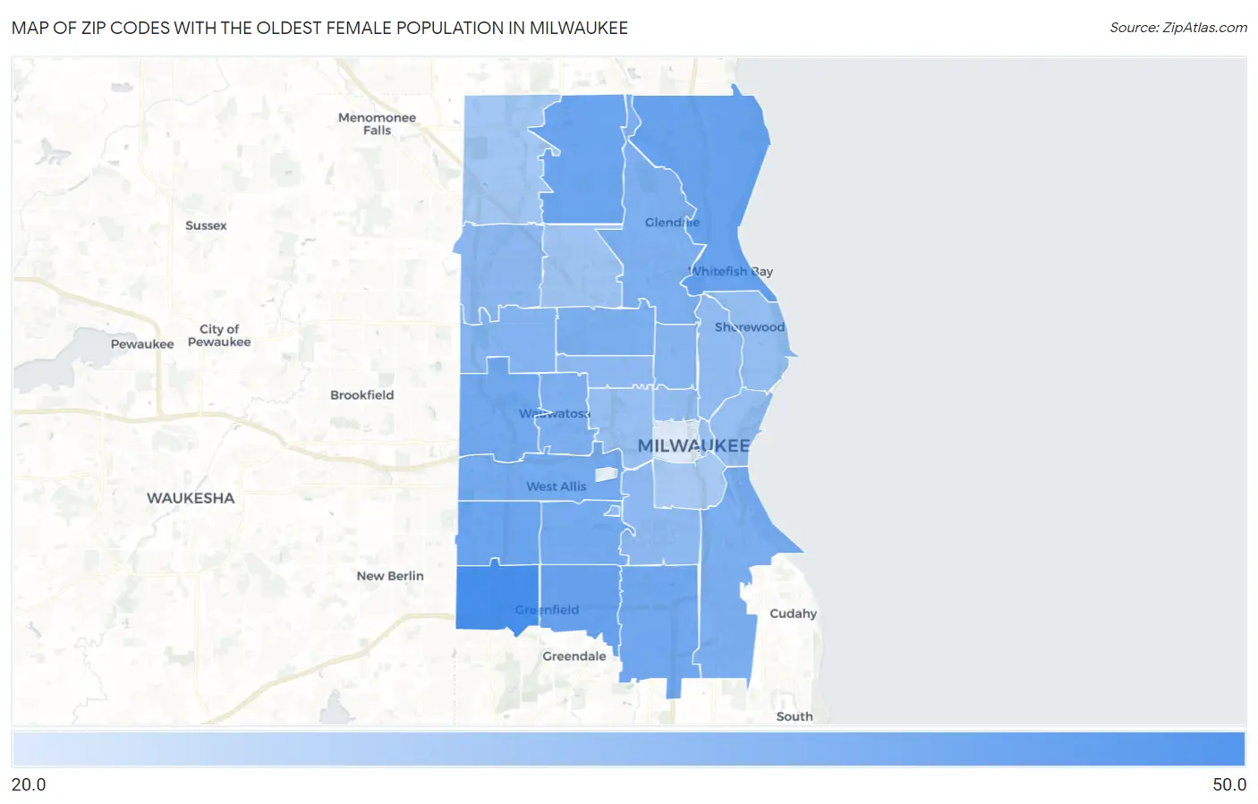 Zip Codes with the Oldest Female Population in Milwaukee Map