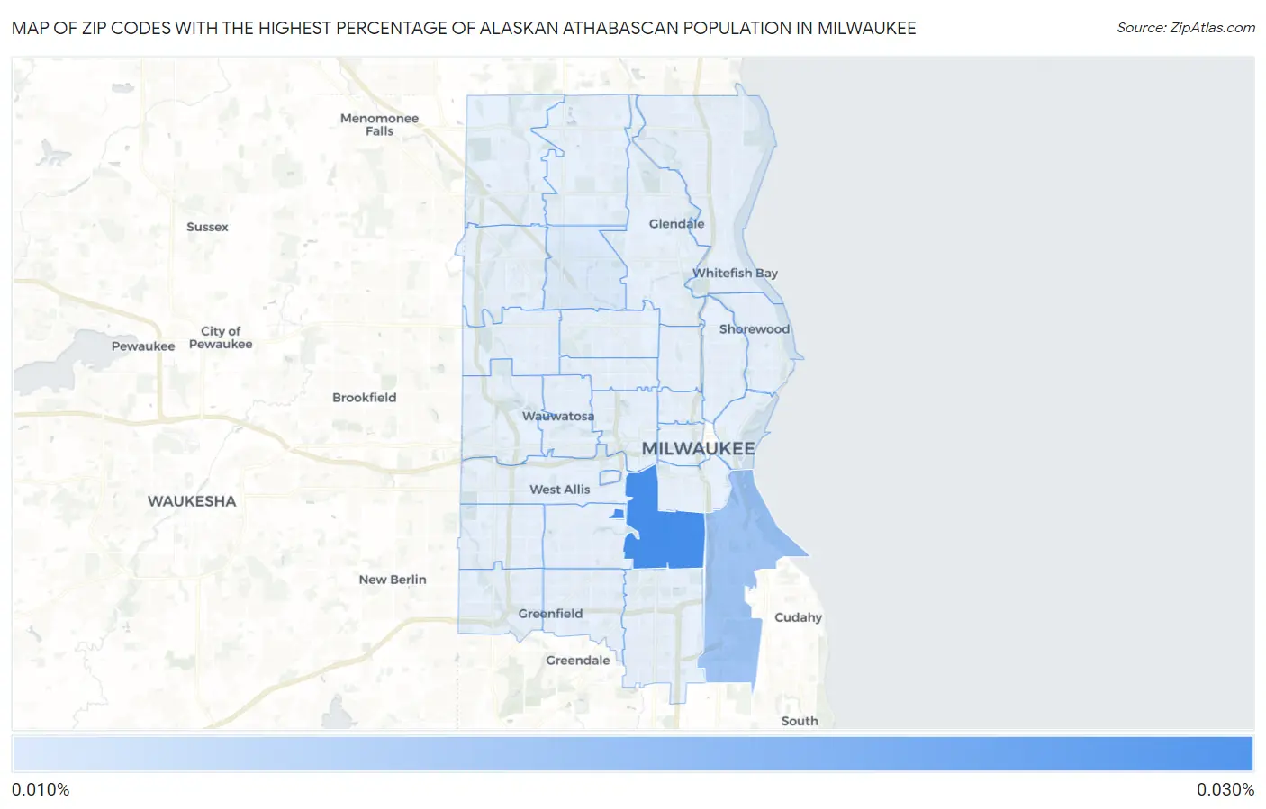 Zip Codes with the Highest Percentage of Alaskan Athabascan Population in Milwaukee Map