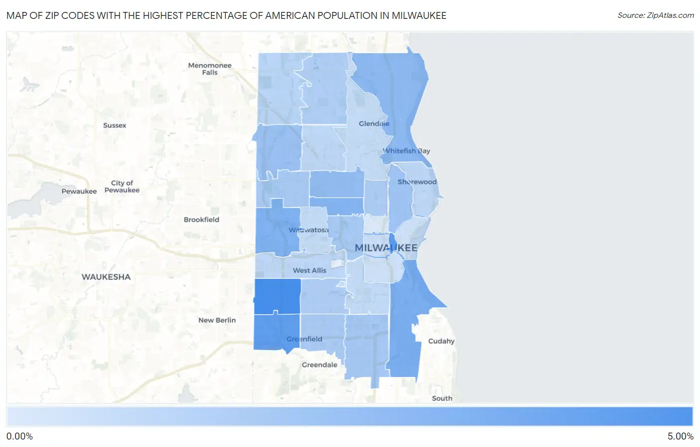 Zip Codes with the Highest Percentage of American Population in Milwaukee Map