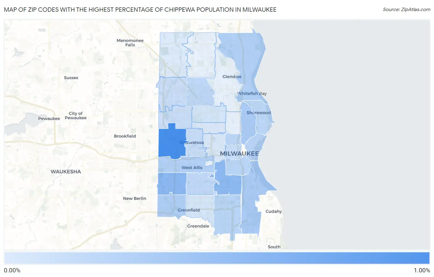 Zip Codes with the Highest Percentage of Chippewa Population in Milwaukee Map