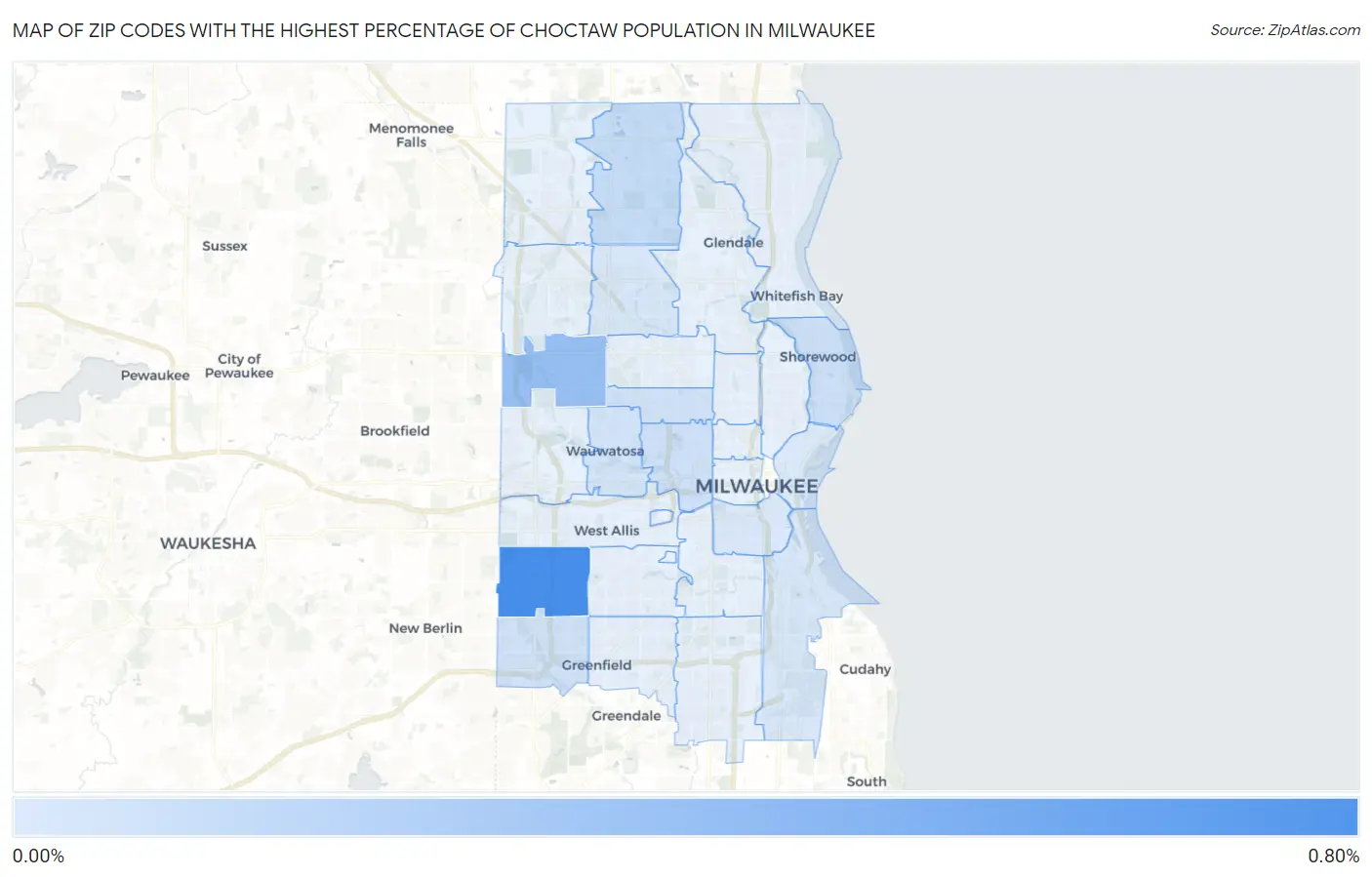 Zip Codes with the Highest Percentage of Choctaw Population in Milwaukee Map