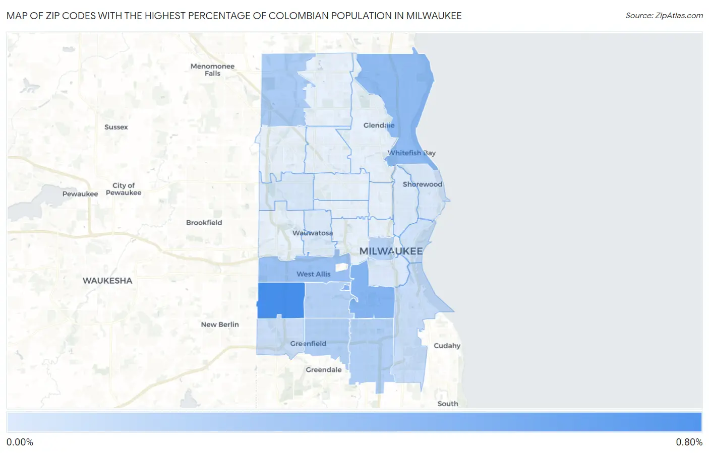 Zip Codes with the Highest Percentage of Colombian Population in Milwaukee Map