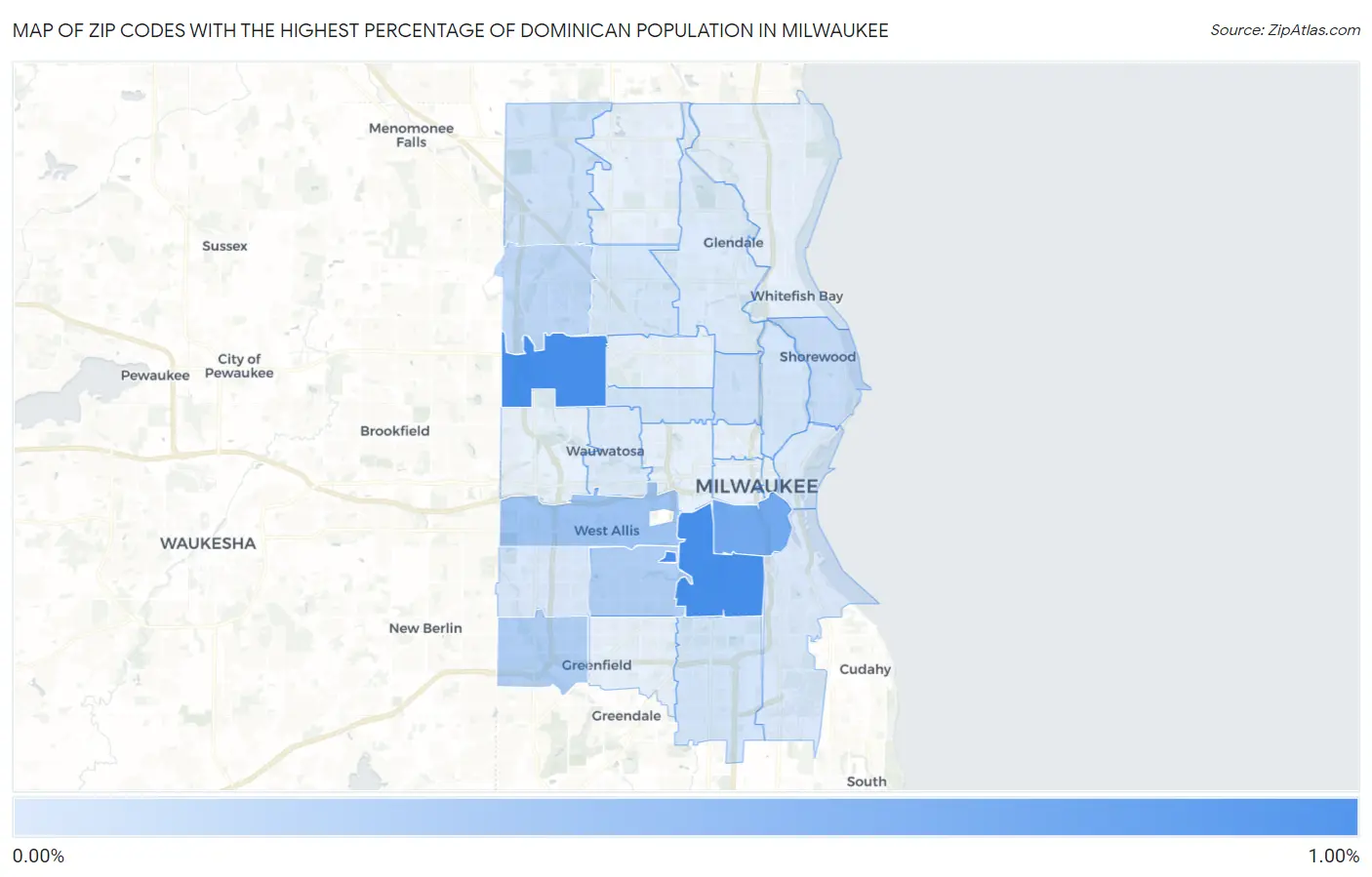Zip Codes with the Highest Percentage of Dominican Population in Milwaukee Map