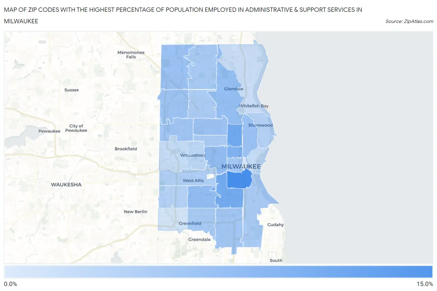 Zip Codes with the Highest Percentage of Population Employed in Administrative & Support Services in Milwaukee Map