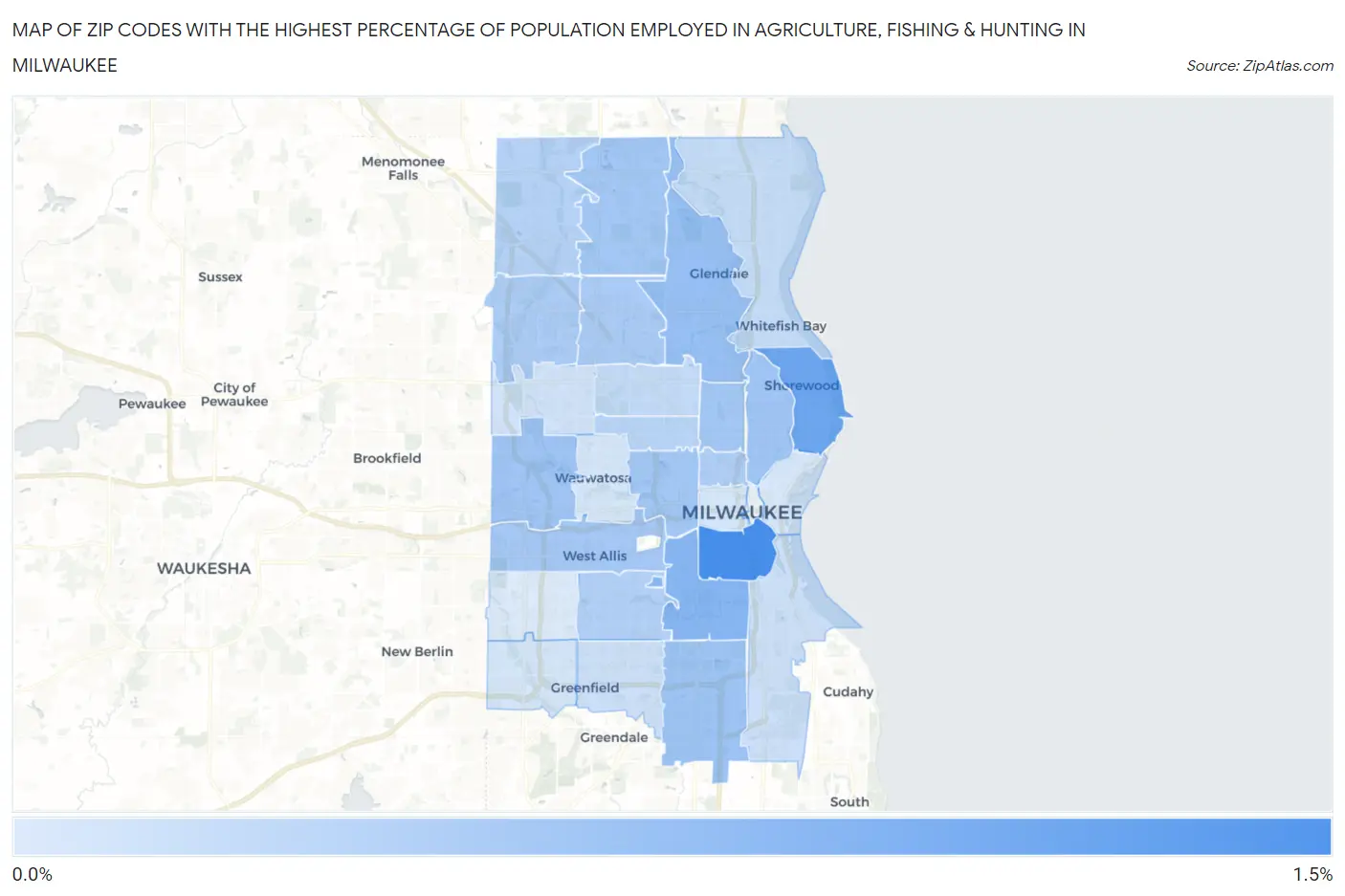 Zip Codes with the Highest Percentage of Population Employed in Agriculture, Fishing & Hunting in Milwaukee Map