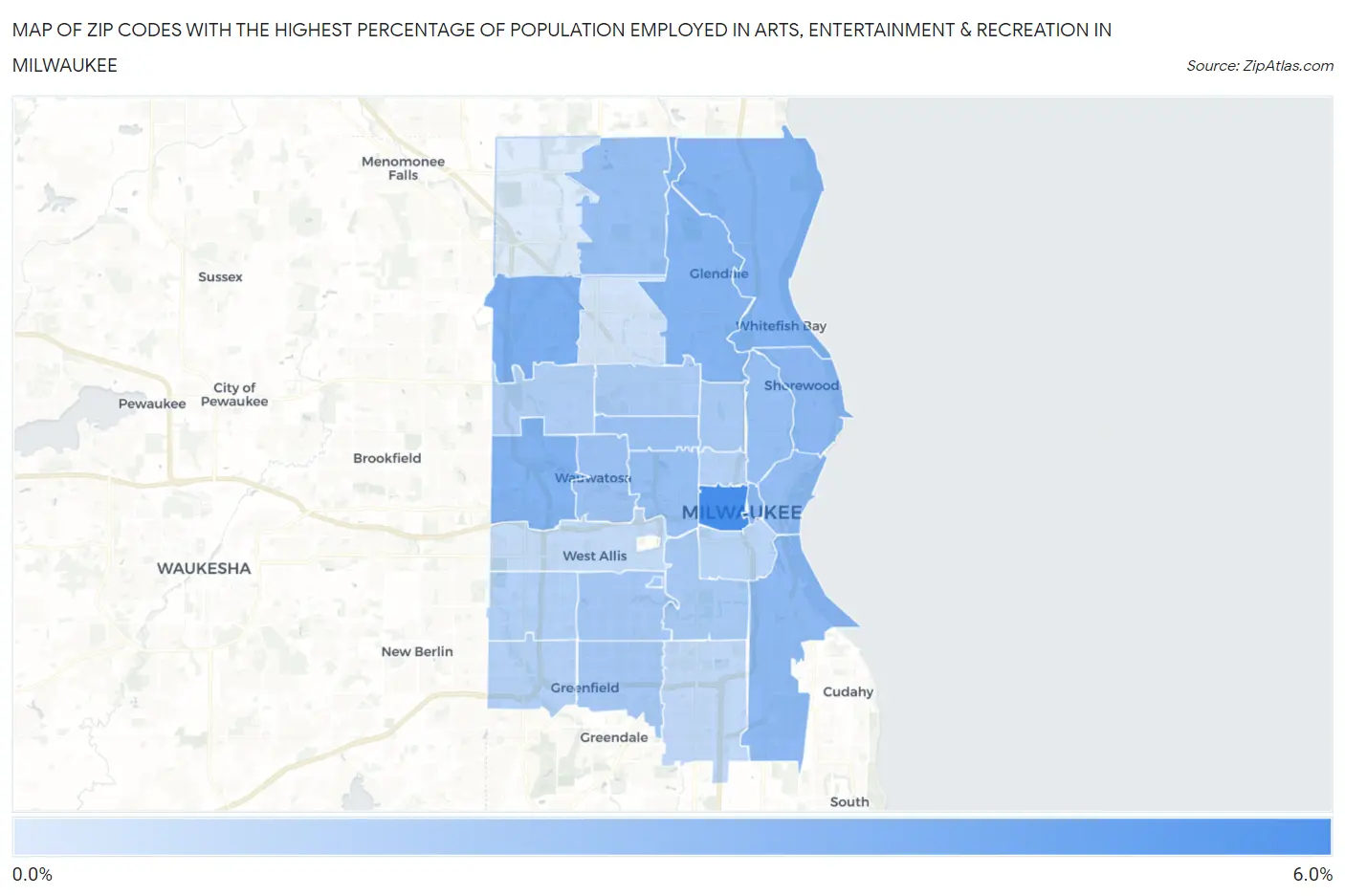 Zip Codes with the Highest Percentage of Population Employed in Arts, Entertainment & Recreation in Milwaukee Map