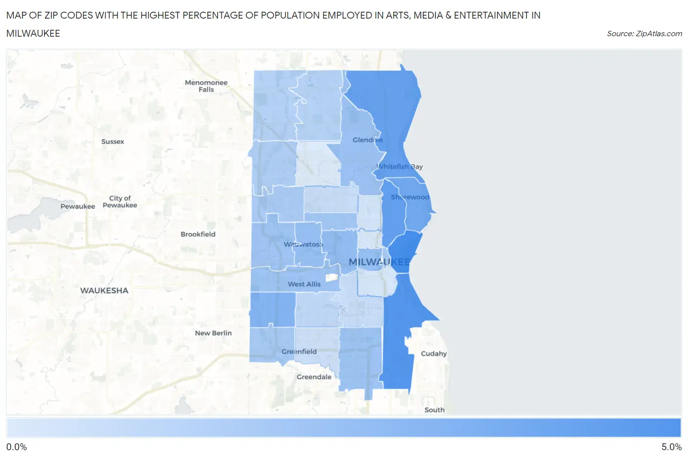 Zip Codes with the Highest Percentage of Population Employed in Arts, Media & Entertainment in Milwaukee Map