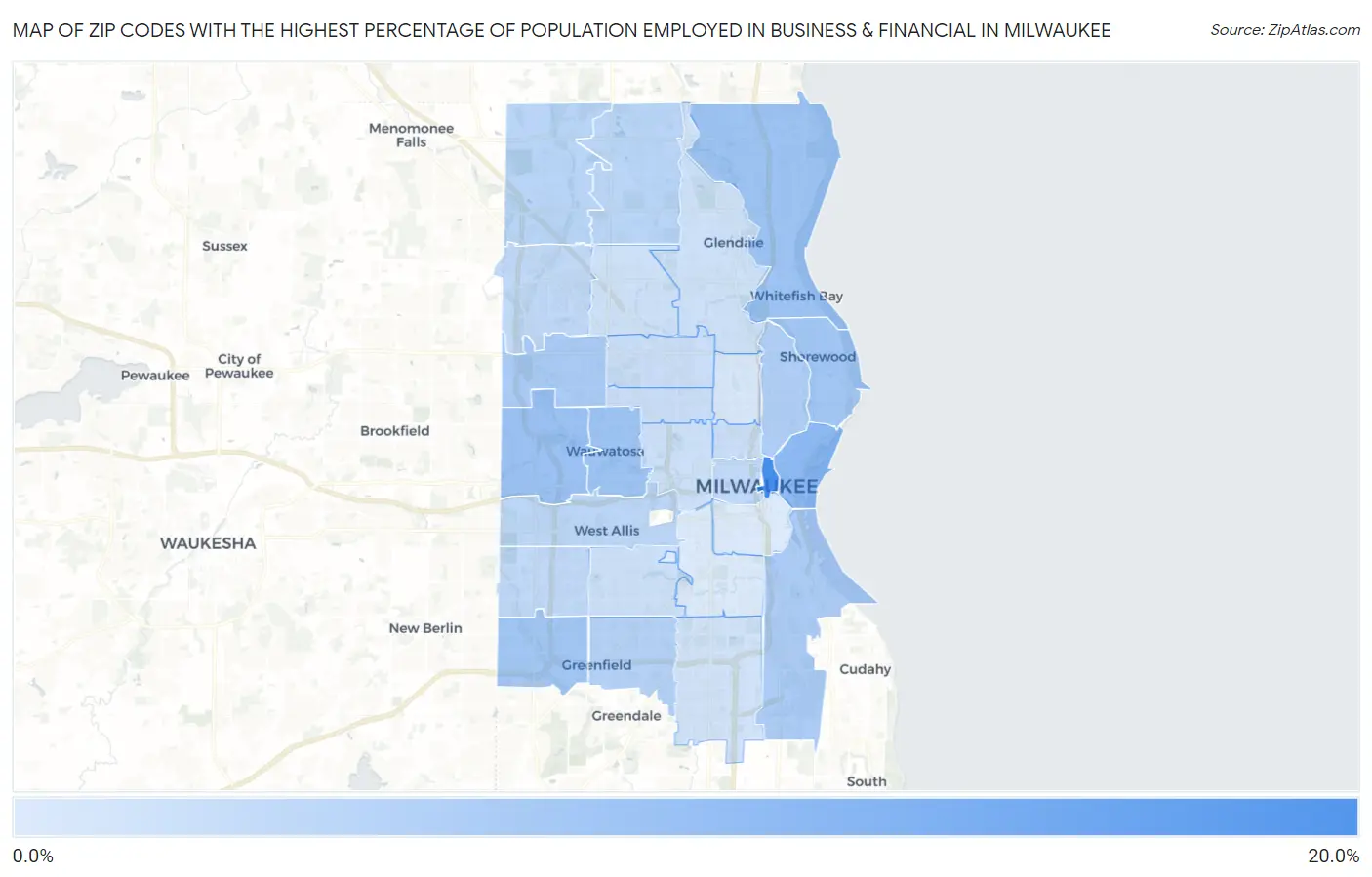 Zip Codes with the Highest Percentage of Population Employed in Business & Financial in Milwaukee Map