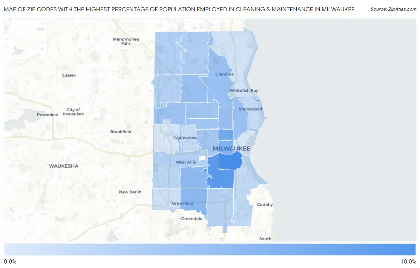 Zip Codes with the Highest Percentage of Population Employed in Cleaning & Maintenance in Milwaukee Map