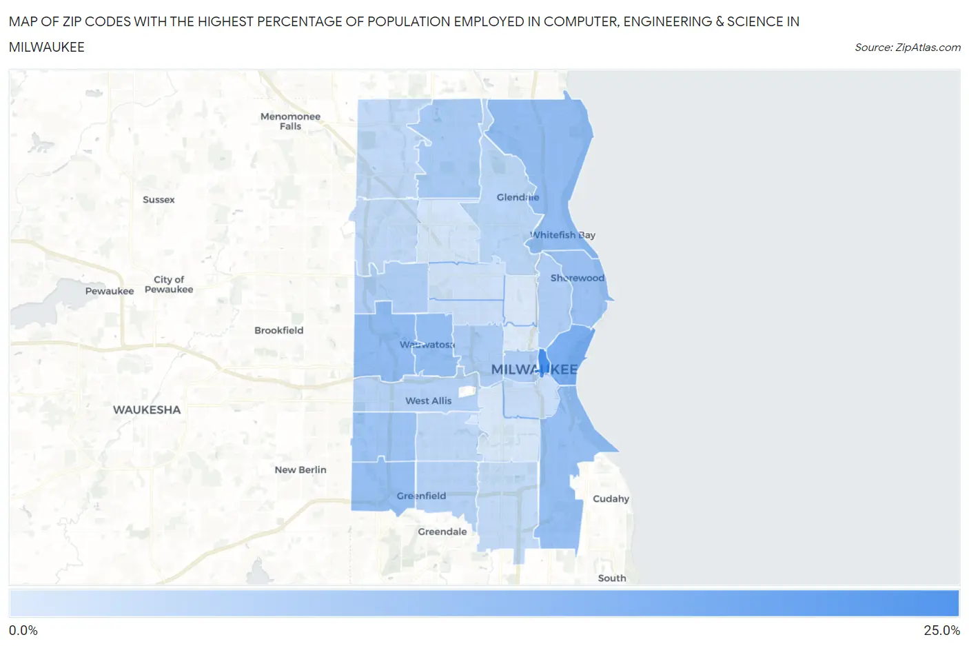 Zip Codes with the Highest Percentage of Population Employed in Computer, Engineering & Science in Milwaukee Map