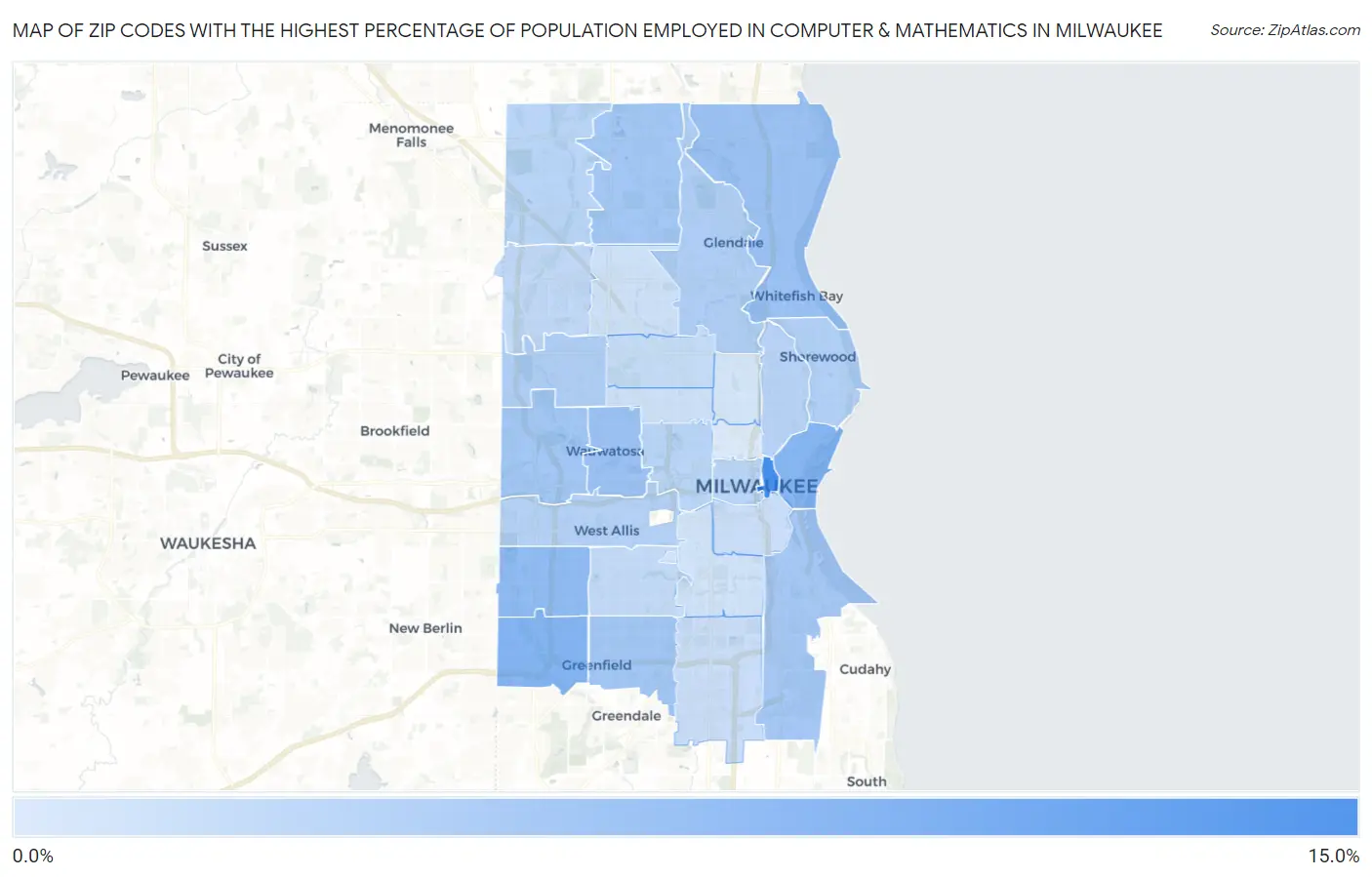 Zip Codes with the Highest Percentage of Population Employed in Computer & Mathematics in Milwaukee Map