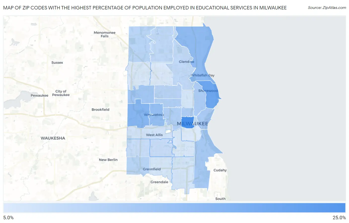 Zip Codes with the Highest Percentage of Population Employed in Educational Services in Milwaukee Map
