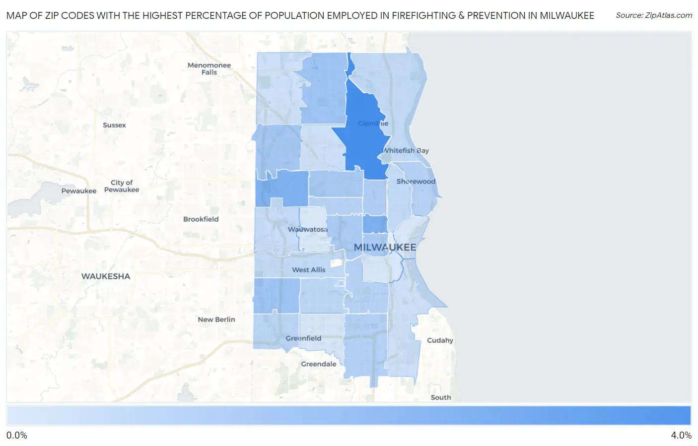 Zip Codes with the Highest Percentage of Population Employed in Firefighting & Prevention in Milwaukee Map