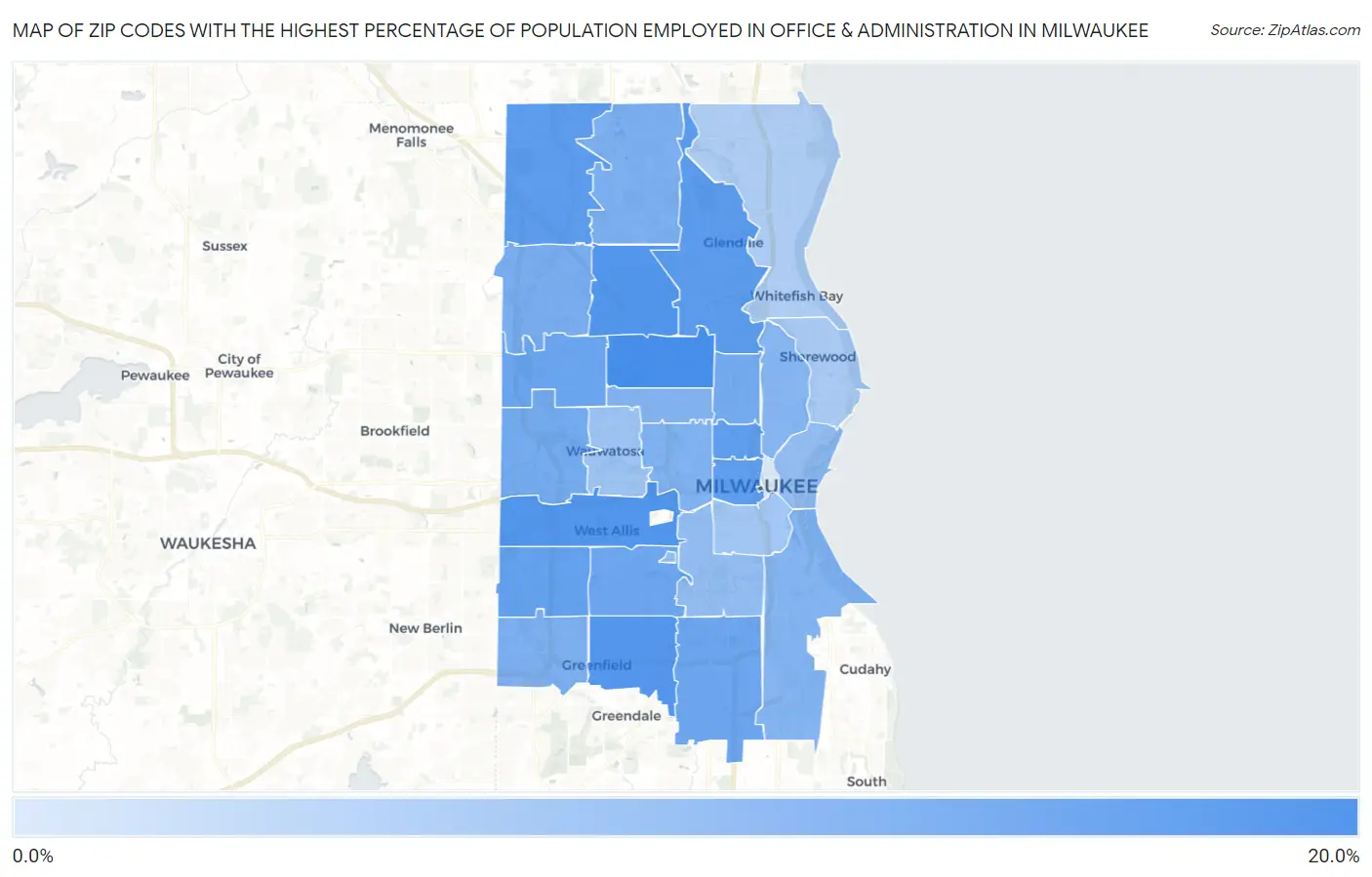 Zip Codes with the Highest Percentage of Population Employed in Office & Administration in Milwaukee Map