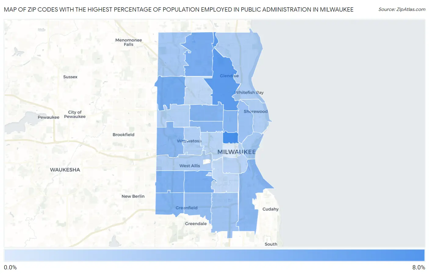 Zip Codes with the Highest Percentage of Population Employed in Public Administration in Milwaukee Map