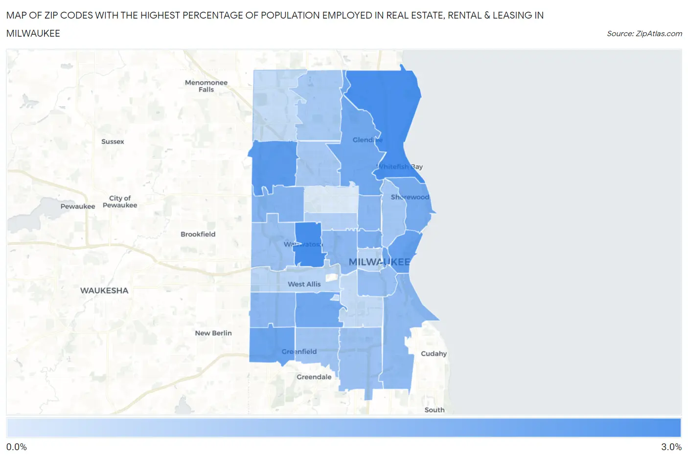 Zip Codes with the Highest Percentage of Population Employed in Real Estate, Rental & Leasing in Milwaukee Map