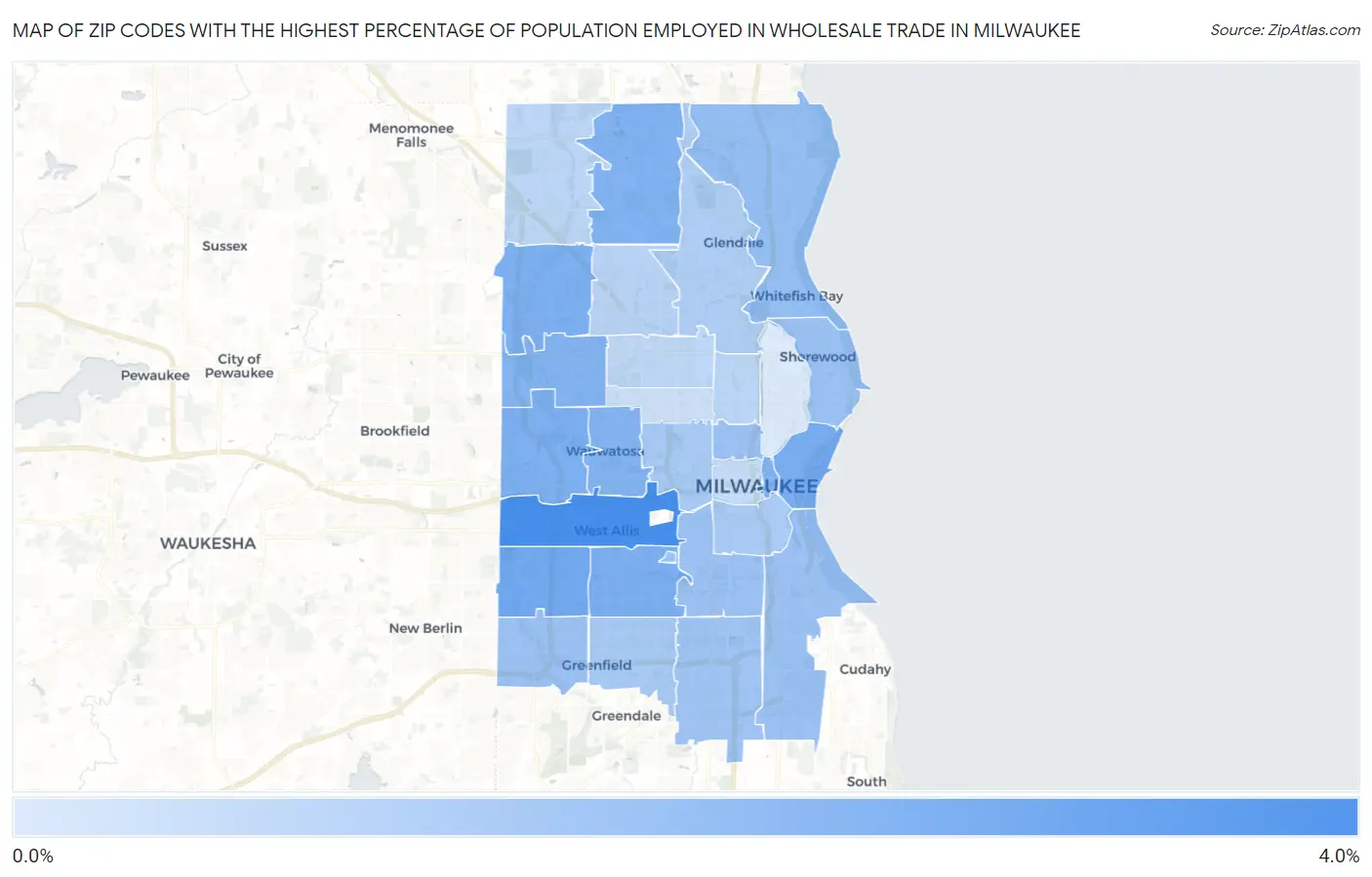 Zip Codes with the Highest Percentage of Population Employed in Wholesale Trade in Milwaukee Map