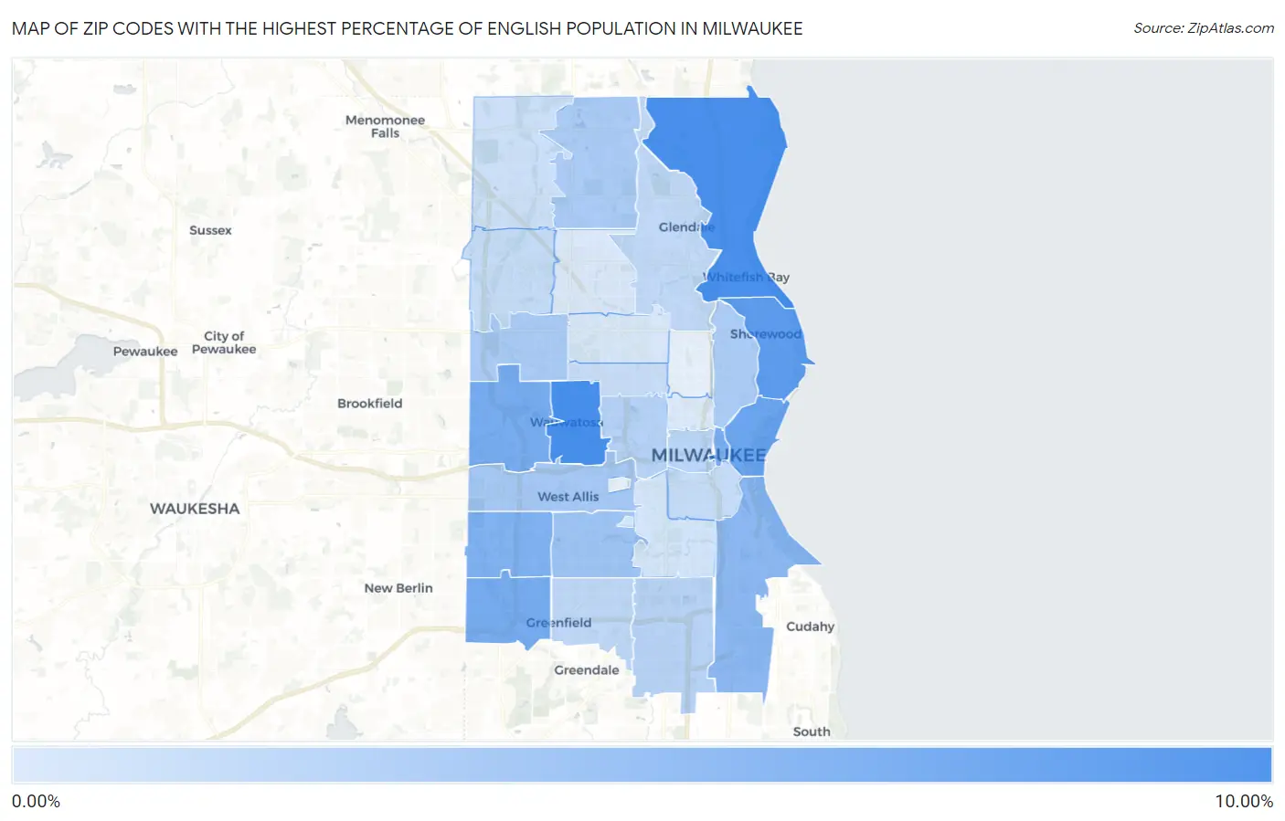 Zip Codes with the Highest Percentage of English Population in Milwaukee Map