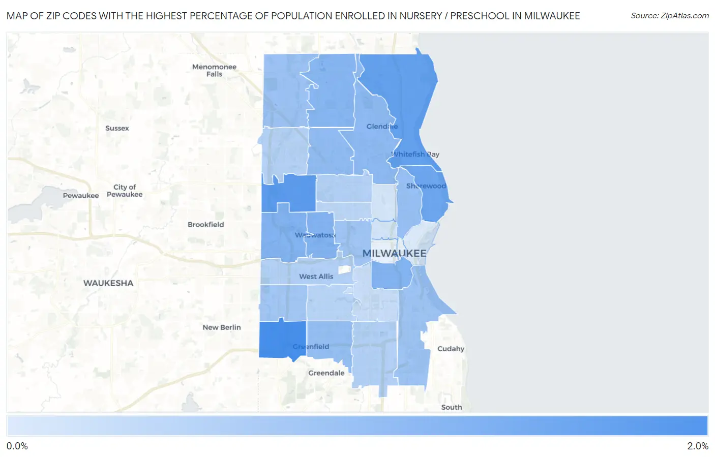 Zip Codes with the Highest Percentage of Population Enrolled in Nursery / Preschool in Milwaukee Map