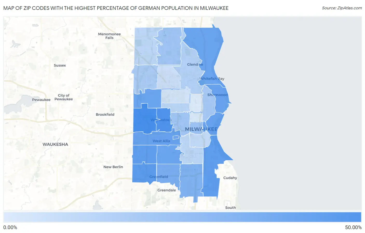 Zip Codes with the Highest Percentage of German Population in Milwaukee Map